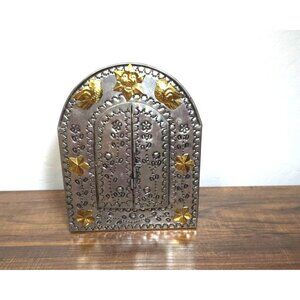 Mexican Folk Art Punched Tin Bi-Fold Mirror Shutter Doors Flowers Birds Vintage